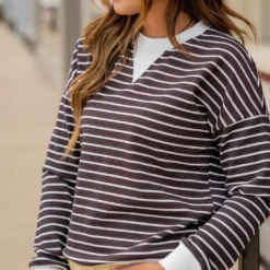 Striped Solid Trim Waffle Sweatshirt -Women's Clothing Store untitled 2393 Copy