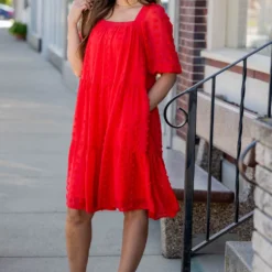 Textured Dot Tiered Half Sleeve Dress