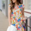 Sketched Floral Flutter Trim Tank Dress