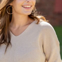 Waffled Mid Seam V Sweater -Women's Clothing Store untitled 2617