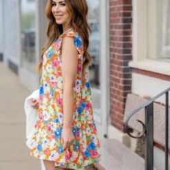 Sketched Floral Flutter Trim Tank Dress -Women's Clothing Store untitled 2620