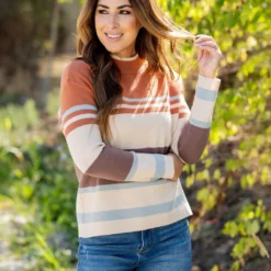 Muted Stripes Mock Neck Sweater -Women's Clothing Store untitled 2637