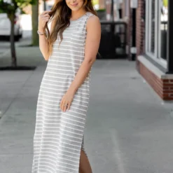 Scalloped Stripes Side Slit Maxi Dress -Women's Clothing Store untitled 2685