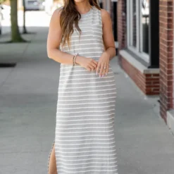 Scalloped Stripes Side Slit Maxi Dress -Women's Clothing Store untitled 2686