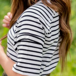 Striped Raw Stitched Tee -Women's Clothing Store untitled 2877