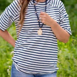 Striped Raw Stitched Tee -Women's Clothing Store untitled 2951