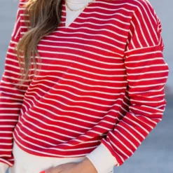 Striped Solid Trim Waffle Sweatshirt -Women's Clothing Store untitled 3 90