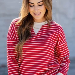 Striped Solid Trim Waffle Sweatshirt -Women's Clothing Store untitled 3 92
