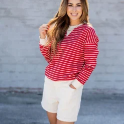Striped Solid Trim Waffle Sweatshirt -Women's Clothing Store untitled 3 93