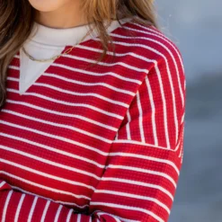 Striped Solid Trim Waffle Sweatshirt -Women's Clothing Store untitled 3 97
