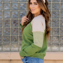 Hint Of Stripes Raw Stitched Crewneck -Women's Clothing Store untitled 3020