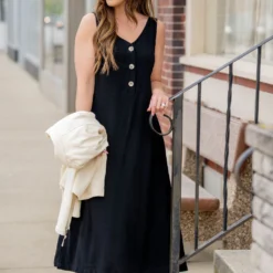 Button Accented Cutout Back Midi Dress