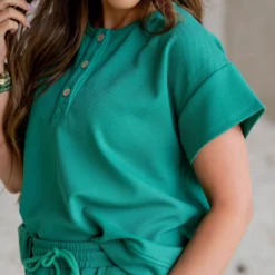 Textured Tri Button Relaxed Tee -Women's Clothing Store untitled 3152