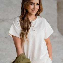 Textured Tri Button Relaxed Tee -Women's Clothing Store untitled 3192