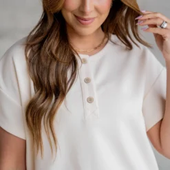 Textured Tri Button Relaxed Tee -Women's Clothing Store untitled 3194