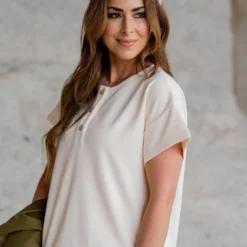 Textured Tri Button Relaxed Tee -Women's Clothing Store untitled 3198