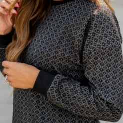 Textured Geo Solid Trim Sweatshirt -Women's Clothing Store untitled 3218