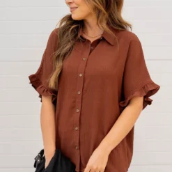 Relaxed Ruffle Trim Button Up Blouse