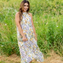 Romantic Floral Halter Maxi Dress -Women's Clothing Store untitled 3351