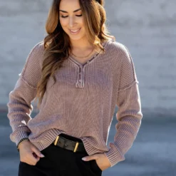 Vintage Washed Button Accented Knit Sweater