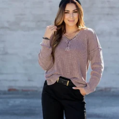 Vintage Washed Button Accented Knit Sweater -Women's Clothing Store untitled 3398