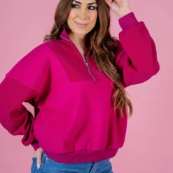 Ribbed Sleeve Quarter Zip Pullover -Women's Clothing Store untitled 3501