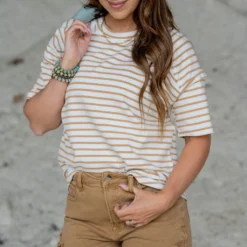 Striped Raw Stitched Tee -Women's Clothing Store untitled 3525