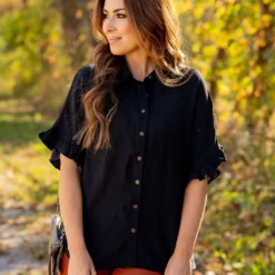 Relaxed Ruffle Trim Button Up Blouse 22 Relaxed Ruffle Trim Button Up Blouse -Women's Clothing Store untitled 3720 133659