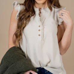 Frayed Trim Button Accented Tank -Women's Clothing Store untitled 3844