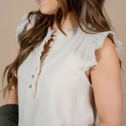 Frayed Trim Button Accented Tank -Women's Clothing Store untitled 3846