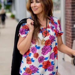 Sketched Peonies Cinched Trim Tee -Women's Clothing Store untitled 3865