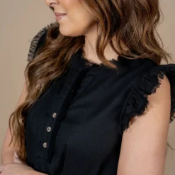 Frayed Trim Button Accented Tank -Women's Clothing Store untitled 3884