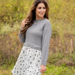 Floral Faux Layered Sweater Dress -Women's Clothing Store untitled 4312