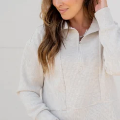 Mixed Ribs Quarter Zip Pullover -Women's Clothing Store untitled 4372