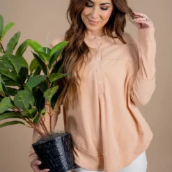 Raw Stitched Button Accented Tee -Women's Clothing Store untitled 4401