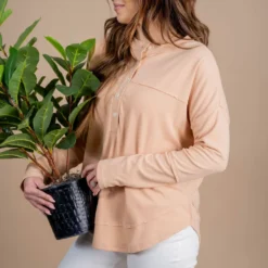 Raw Stitched Button Accented Tee -Women's Clothing Store untitled 4410