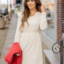 Ruched Shoulder Flutter Trim Dress