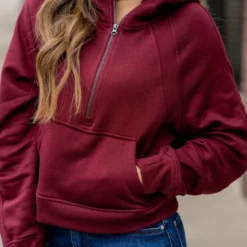 Ribbed Panel Half Zip Hooded Sweatshirt -Women's Clothing Store untitled 4448