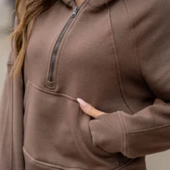 Ribbed Panel Half Zip Hooded Sweatshirt -Women's Clothing Store untitled 4539