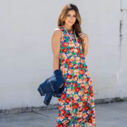 Painted Colorful Floral Tiered Maxi Dress