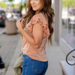 Ribbed Double Flutter Sleeve Tee -Women's Clothing Store untitled 5076