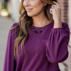 Waffled Balloon Sleeve Tee -Women's Clothing Store untitled 5078