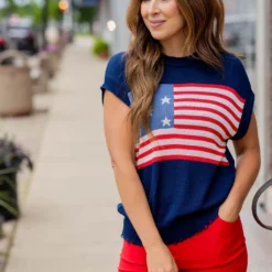 Distressed American Flag Short Sleeve Sweater -Women's Clothing Store untitled 5111