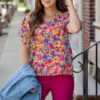 Vibrant Blooms Ruched Puff Sleeve Blouse