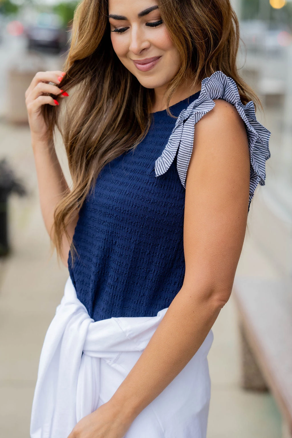 Striped Dual Flutter Trim Textured Tank 11 Striped Dual Flutter Trim Textured Tank - Image 11