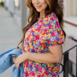 Vibrant Blooms Ruched Puff Sleeve Blouse -Women's Clothing Store untitled 5154