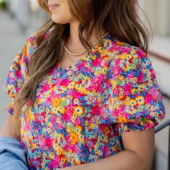 Vibrant Blooms Ruched Puff Sleeve Blouse -Women's Clothing Store untitled 5155