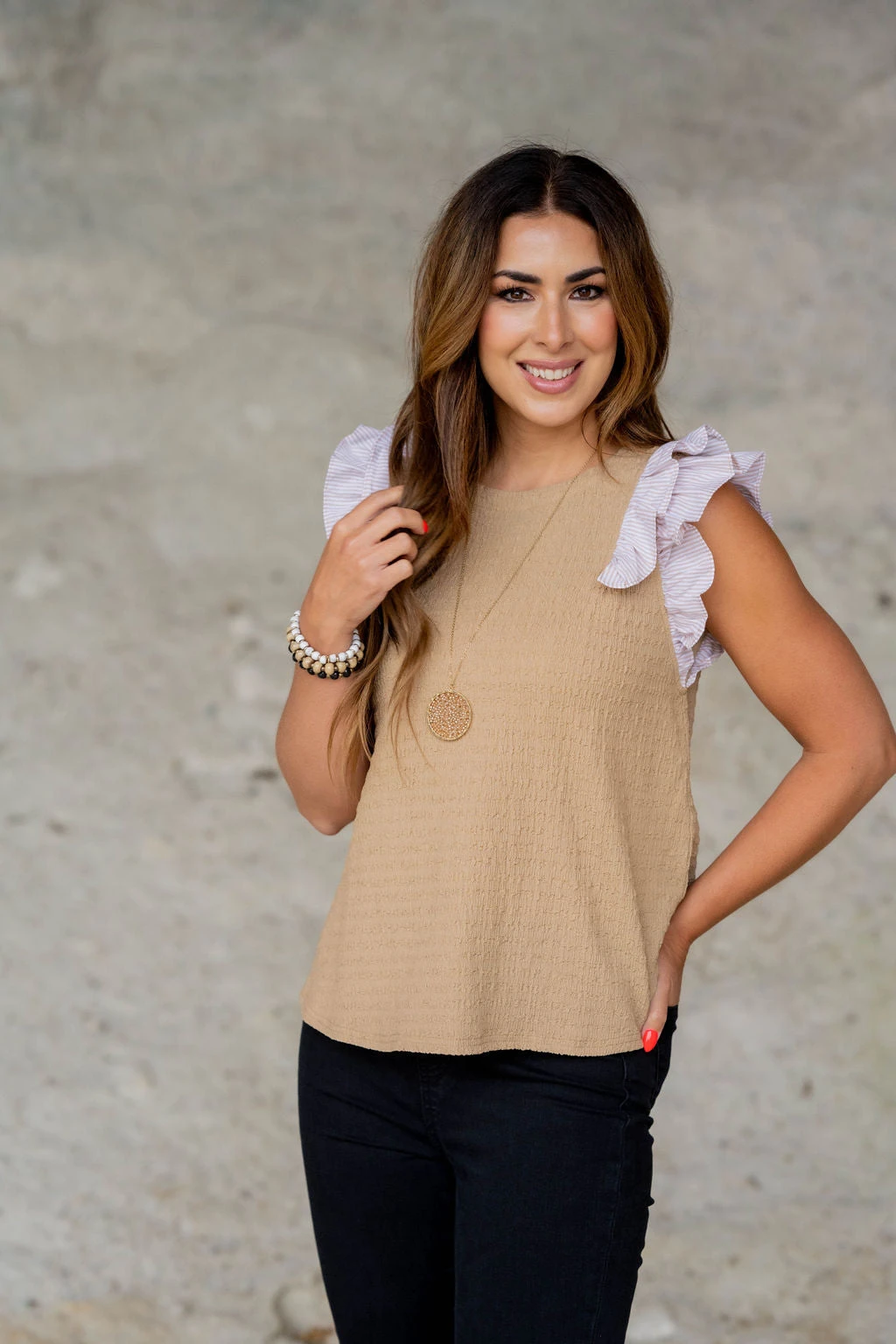 Striped Dual Flutter Trim Textured Tank 15 Striped Dual Flutter Trim Textured Tank - Image 15