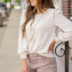 Ruffle Shoulder Cinched Long Sleeve Blouse -Women's Clothing Store untitled 5211