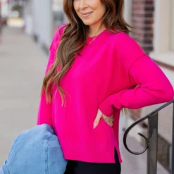 Stitch Accented Side Slit Sweater 31 Stitch Accented Side Slit Sweater -Women's Clothing Store untitled 5458